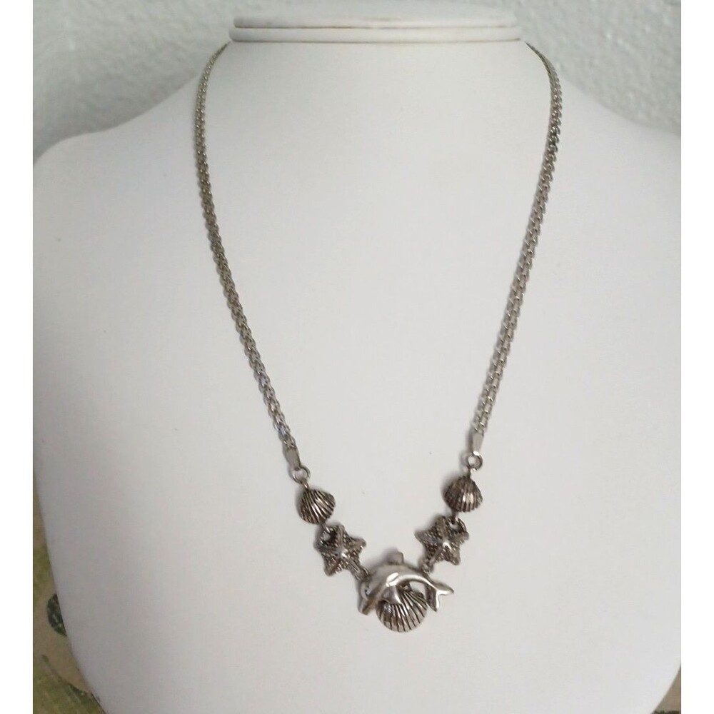 Dolphin Sealife Shell Necklace Sterling Silver Diamond Finish 925 Italy 18 long
